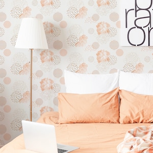 Carta da parati moderna Peach Peonies - Halftone Floral Pattern Peel and Stick Carta da parati rimovibile Pois -Murale autoadesivo rimovibile 302