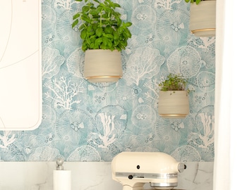 Papel de parede aquarela azul e branco com corais - Tema costeiro, papel de parede removível com tema de praia, tendência para cozinha 388