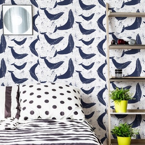 Zodiac & Navy-Blue Whales Wallpaper - Mystical Whales Peel and Stick Carta da parati rimovibile Sea Life Colori personalizzati - Murale autoadesivo - 320