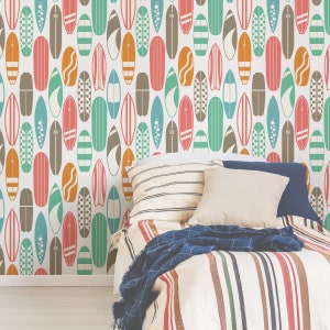 Surfing Theme Wallpaper - Retro Colors Surfboards Peel and Stick Removable Wallpaper Custom Colors - Self Adhesive Mural - Surfer Teens 198