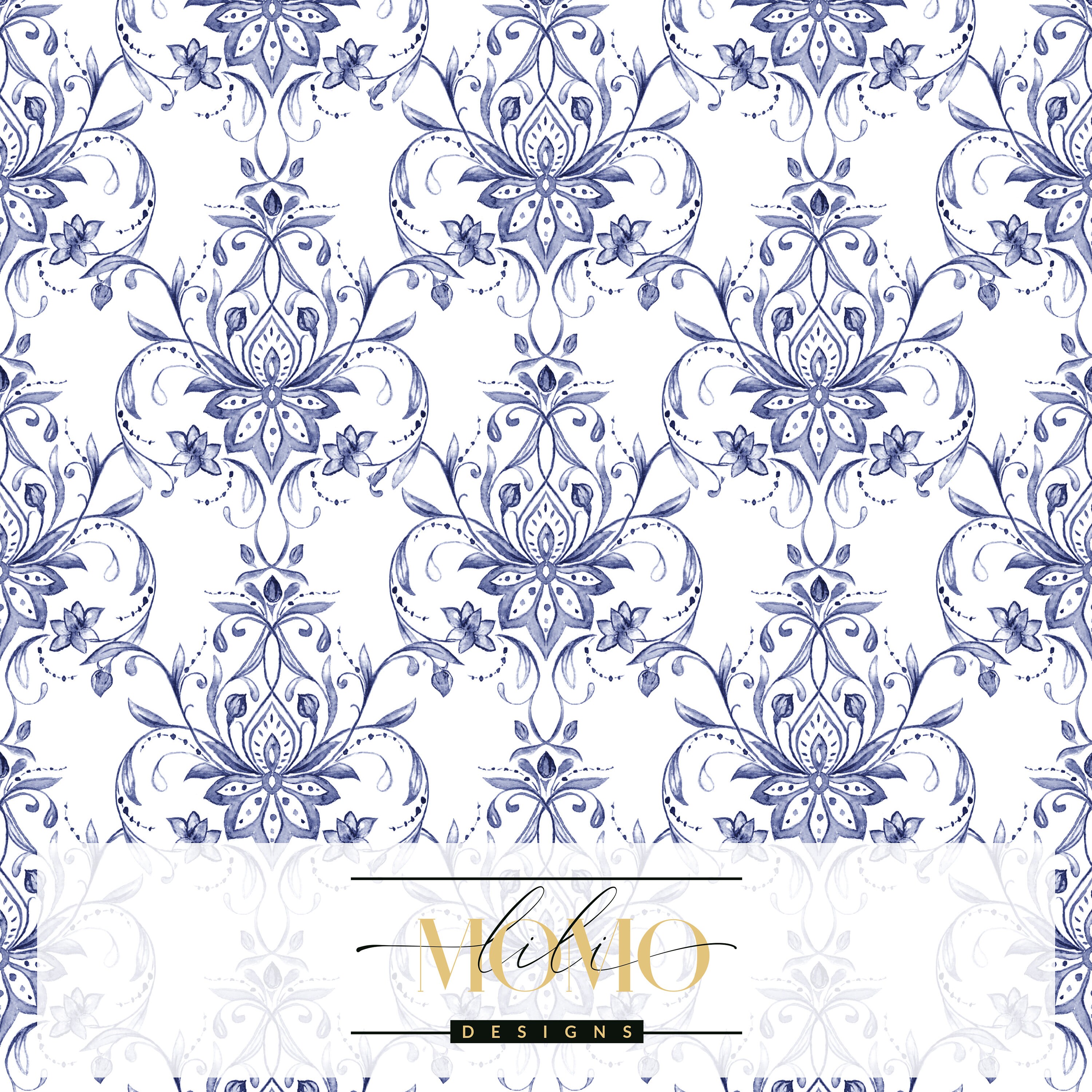 Watercolor Damask Wallpaper Blue Watercolor Floral Damask Etsy UK