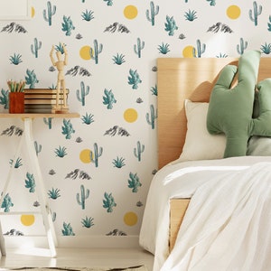 Arizona Desert Wallpaper - Hand Drawn Sun Cacti & Mountains Peel and Stick Carta da parati rimovibile per camere da letto per bambini - Murale autoadesivo - 106