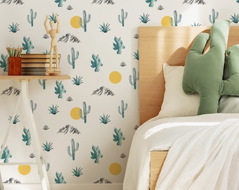 Arizona Desert Wallpaper - Hand Drawn Sun Cacti & Mountains Peel and Stick Removable Wallpaper For Kids Bedrooms - Self Adhesive Mural - 106