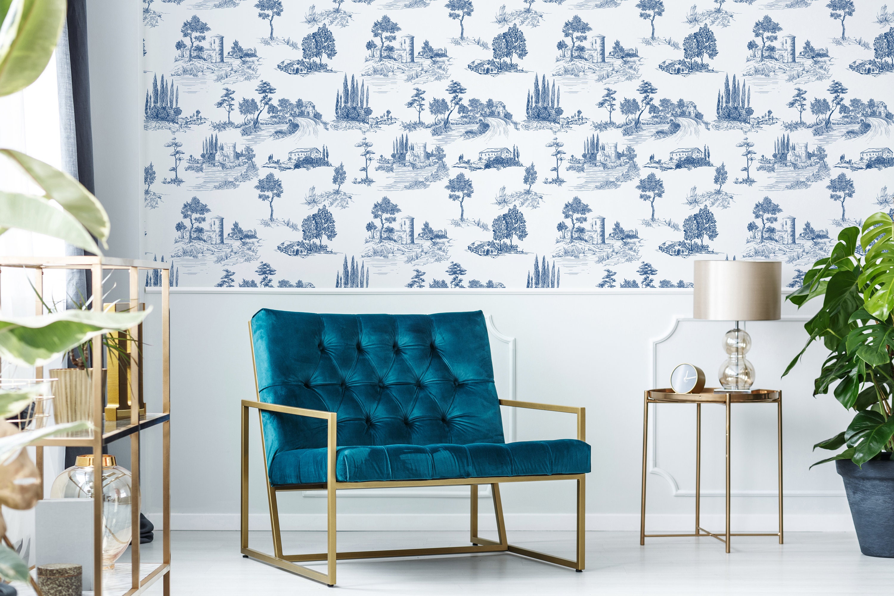 Blue Toile Peel and Stick Wallpaper French Country Farmhouse Style