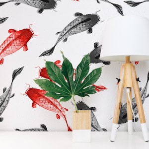 Carta da parati nera e rossa Koi Fish - Inchiostro dipinto a mano Koi Fish Peel and Stick Carta da parati rimovibile per tutte le camere - Murale autoadesivo -170