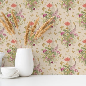 Floreale e Farfalla Moderna Carta da Parati Vintage Botanica Rosa Verde Oro Peel and Stick Carta da Parati Rimovibile Appartamento Décor - 382