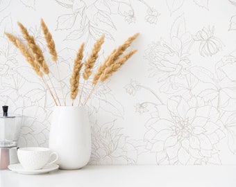 Flower Sketch Wallpaper - Line Drawing Flowers Botanical Peel and Stick Removable Wallpaper Custom Colors Self Adhesive Mural - 099