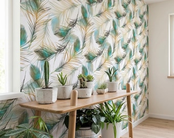 Papel de Parede Penas de Pavão - Impressão em Aquarela, Mural de Parede Removível 018