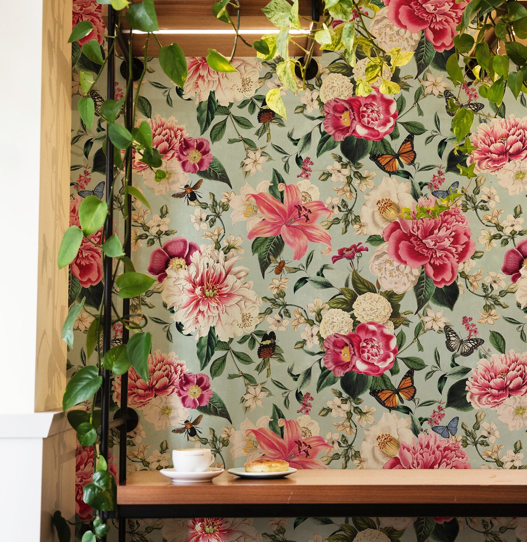 Vintage Flowers and Pink Peonies Wallpaper - Floral Pattern Peel and ...