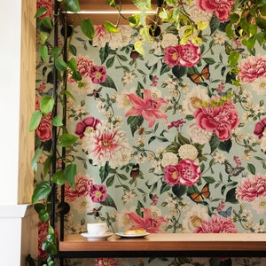 Vintage Flowers and Pink Peonies Wallpaper - Floral Pattern Peel and Stick Removable Wallpaper for All Rooms - Self Adhesive Mural - 370