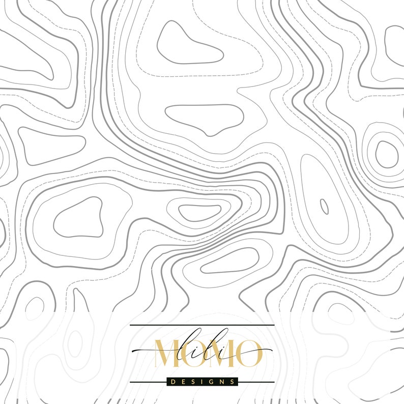 May include: A white background featuring a repeating pattern of thin gray topographic contour lines. At the bottom center, a black rectangular label contains the gold text "lili" above the word "DESIGNS" in white capital letters.