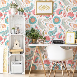 Floral Decoration and Birds Wallpaper - Floral Peel and Stick Removable Wallpaper Bold Custom Color Removable Self Adhesive Mural - 246