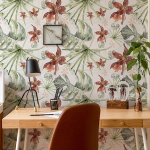 Carta da parati orchidea tropicale - Acquerello Fiori di orchidea e foglie di palma Buccia e bastone Carta da parati rimovibile per tutte le camere - Murale autoadesivo 97