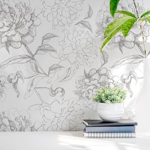 Carta da parati Flower Sketch -Custom Color Line Drawing Floral Botanical Peel and Stick Carta da parati rimovibile Custom Color Self Adhesive Mural- 112
