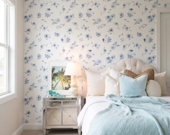 Blue Floral Peel and Stick Wallpaper – Botanical Accent Wall 276