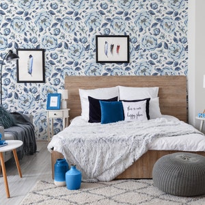 Blue Flowers and Leaves Wallpaper - Blue Floral Botanical Peel and Stick Removable Wallpaper For All Rooms - Self Adhesive Mural - 025