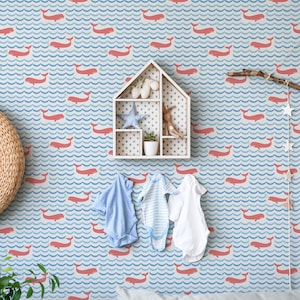 Carta da parati balene marine - Balene rosse e onde blu Peel and Stick Carta da parati rimovibile per camere da letto per bambini - Murale autoadesivo - 147