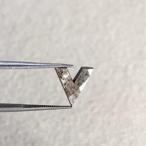 Pode incluir: Um diamante bruto facetado em forma de V, segurado por uma pinça. O diamante tem uma aparência cinza e branca manchada com uma forma geométrica polida. A pinça é prateada e o fundo é cinza claro.