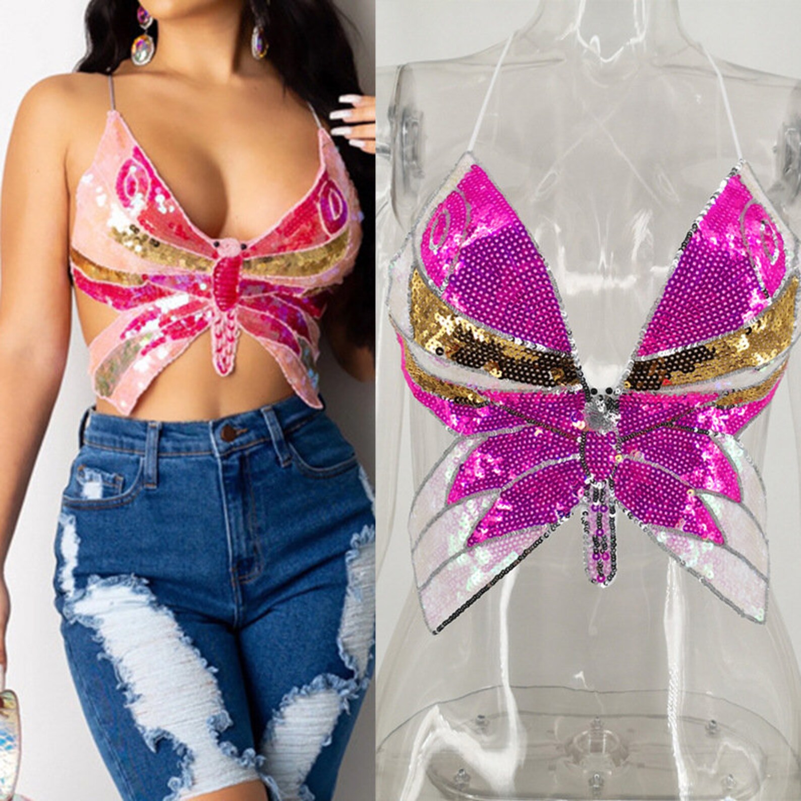 Butterfly Sequin Top Y2K Sequin Butterfly Halter Top Goddess Etsy