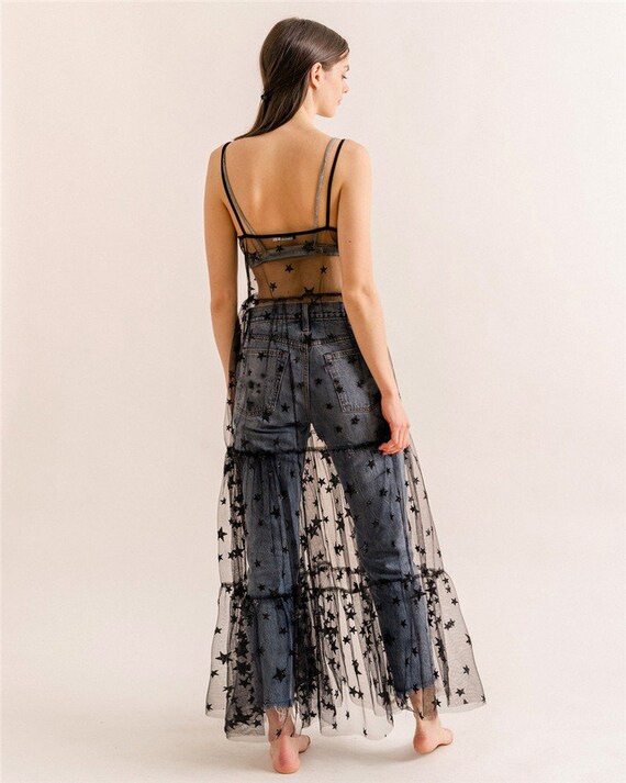 SofiaByThaer Mesh Dress Top Sheer Gold Beach Dress Mesh Star Sequin Suspender Fairy Skirt See-Through Summer Starry Tulle Fishnet Star Embroidered Mesh