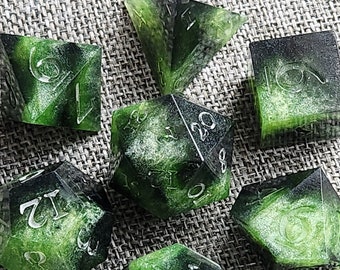 Toil & Trouble/ Sharp Edge Dnd Dice/ 7pc Polyhedral Dice Set/ Light Green and Black