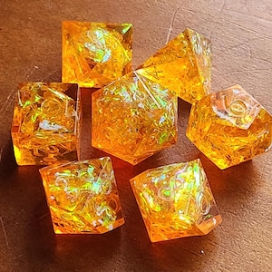 Amber Honey/ Sharp Edge Dnd Dice/ 7pc Polyhedral Dice Set/ Orange and Iridescent Foil