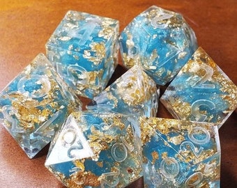 Ocean's Treasure/Sharp Edge Dice Set/7pc Dice Set/ Teal and Gold Flakes