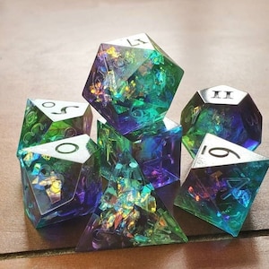 Galactic Peacock/ Sharp Edge 7pc Dnd Dice Set/ Blue, Green and Purple