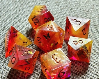 Supernova / Sharp Edge Dnd Dice / 7-teiliges Polyedrischen Würfel Set / Magenta, Orange und Gelb