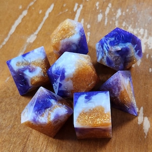 Royal Treasury/ 7pc Dnd Sharp Edge Polyhedral Dice Set/ Purple, White and Gold