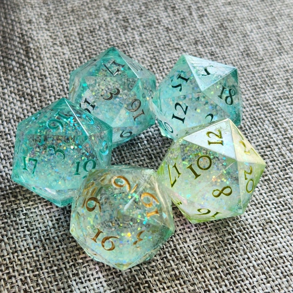 Will-o'-the-wisp/ Liquid Core Dnd Sharp Edge Dice D20/ Teal and Glitter