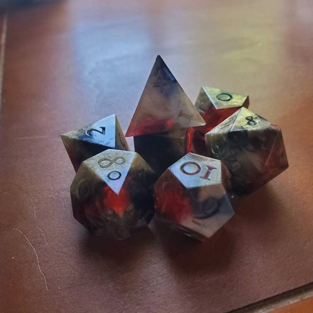 Demonic Reverly/ 7pc Polyhedral Dice Set/ Sharp Edge Dice/ Red Gold and