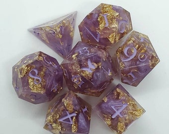 Lavender Dreams/Sharp Edge Dice Set/ 7pc Dice set/ Lavender and gold Flakes