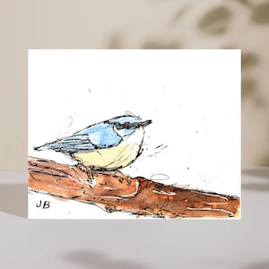 Nuthatch Bird Art Print – Watercolor Ink Songbird Illustration, Rustic Wall Decor