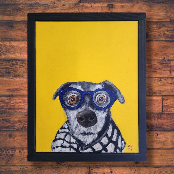 Blue Glasses Dog Painting, Chic Canine Art, Framed Yellow Wall Art, Acrylic Pet Portrait, Quirky Animal Decor, Unique Gift for Dog Lovers