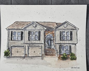 Retrato personalizado de casa en acuarela — Obra de arte original en tinta — Regalo único para inauguración de casa