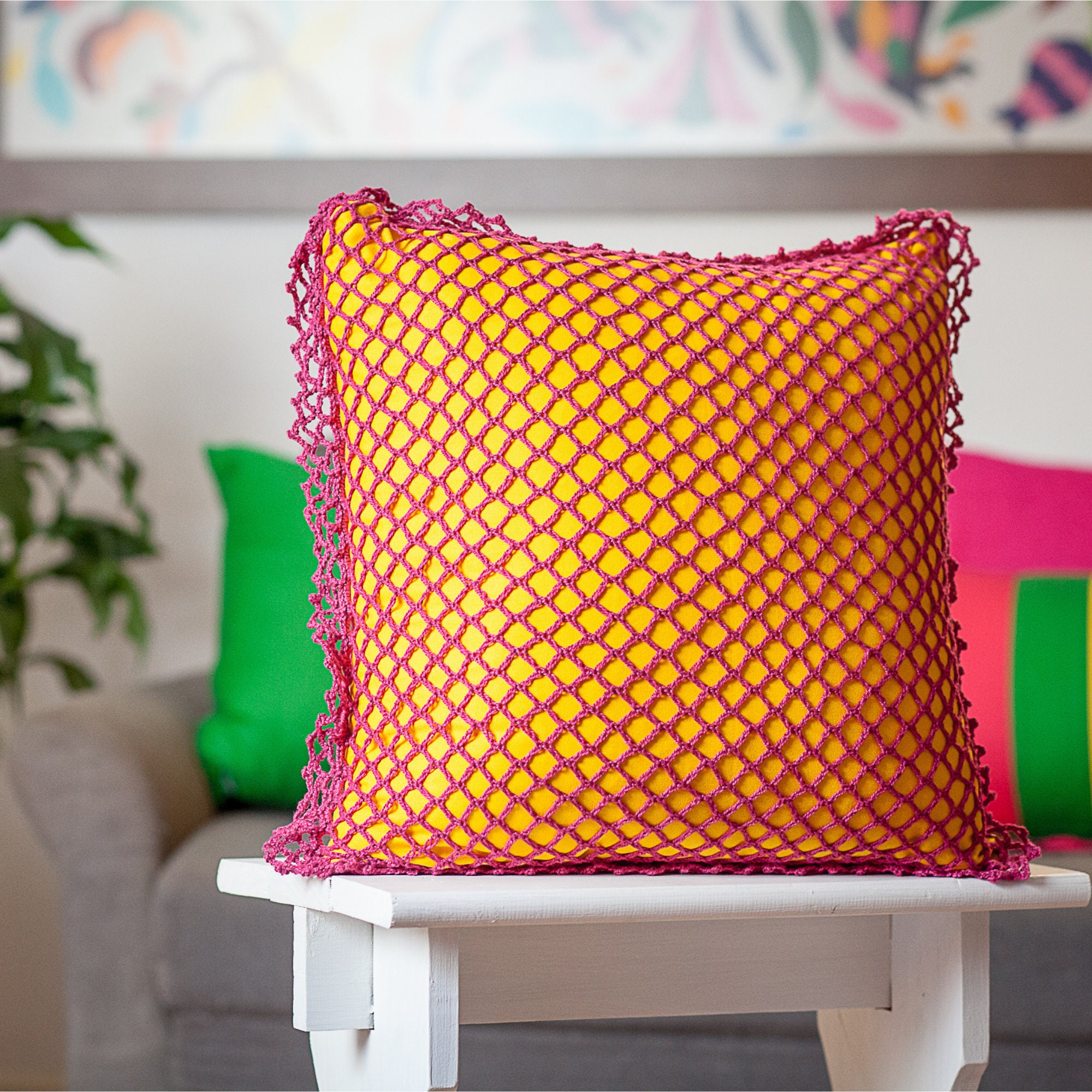 Housse de Coussin en Crochet Tecer Contemporâneo Jaune et Rose