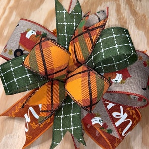 Fall Bow, Fall Wreath Bow, Fall Door Hanger Bow, Fall Lantern Bow, Fall Pumpkin Bow, Rust-Orange, Moss Green, Natural And Pumpkin Bow