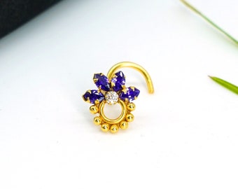 Sapphire Flower Nose Ring: 925 Sterling Silver Indian Nose Stud