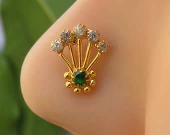 Gold Flower Nose Stud: Sterling Silver CZ Gem, 20g