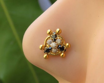 Flower Nose Stud: Sterling Silver, Black Onyx & CZ Gem