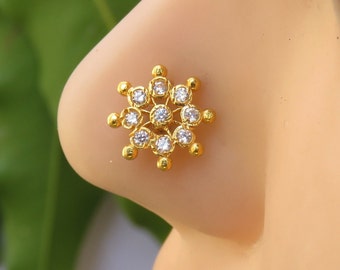 Gold Indian Nose Stud: Sterling Silver, Cubic Zirconia