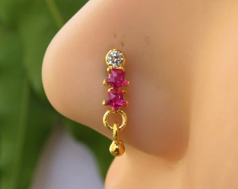Ruby Dangle Nose Stud: Sterling Silver Indian Nose Ring