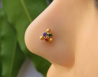 Gold Multi Gem Nose Stud: Indian Sterling Silver Piercing