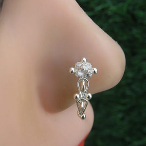 Sterling Silver Indian Nose Ring: CZ Solitaire Stud, 20 Gauge