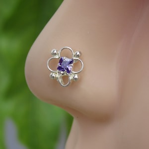Sterling Silver L-Shaped Nose Stud: Indian Piercing with Blue Cubic Zirconia