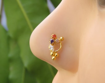 Gold Nose Cuff: Sterling Silver Multi-Stone Indian Nose Ring