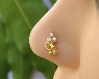 Gold Indian Nose Stud: Sterling Silver CZ Bell Nose Ring