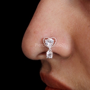 Sterling Silver Indian Nose Stud: Heart CZ Dangle, 7mm