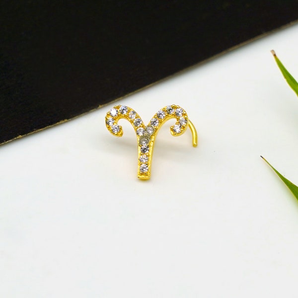 Aries Zodiac Sign Nose Stud Diamond Nose Ring Gift For Her Anniversary Gift Indian Nose Ring Thanksgiving Nose Ring Nose Hoop Gold Nose Ring